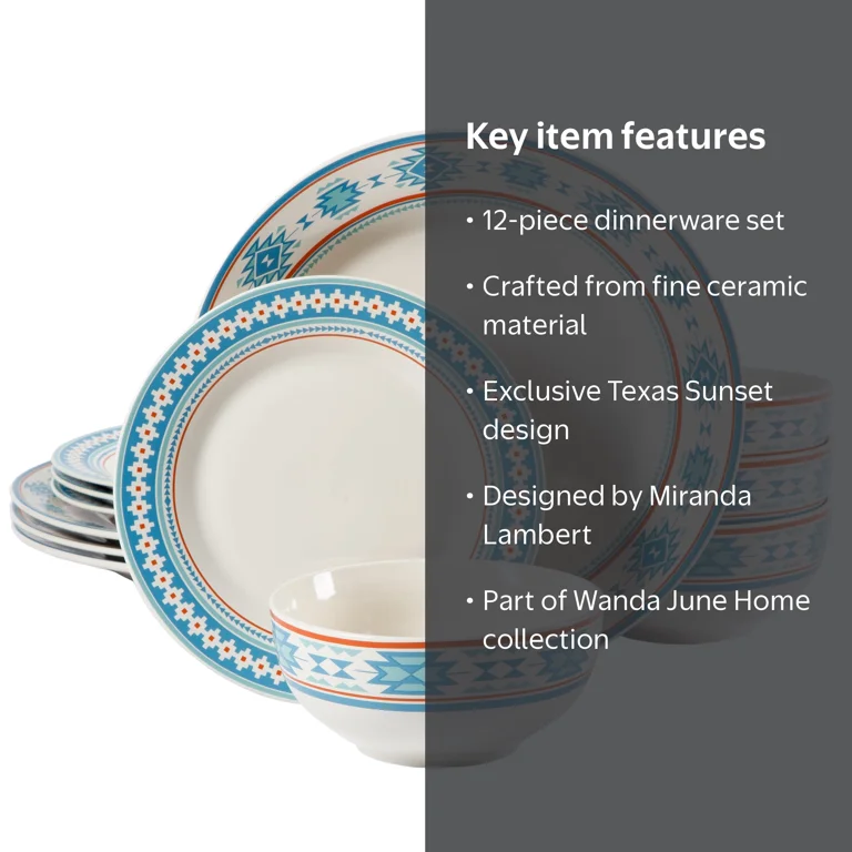 Wanda June Home Texas Sunset 12-Piece Decorated Fine Ceramic