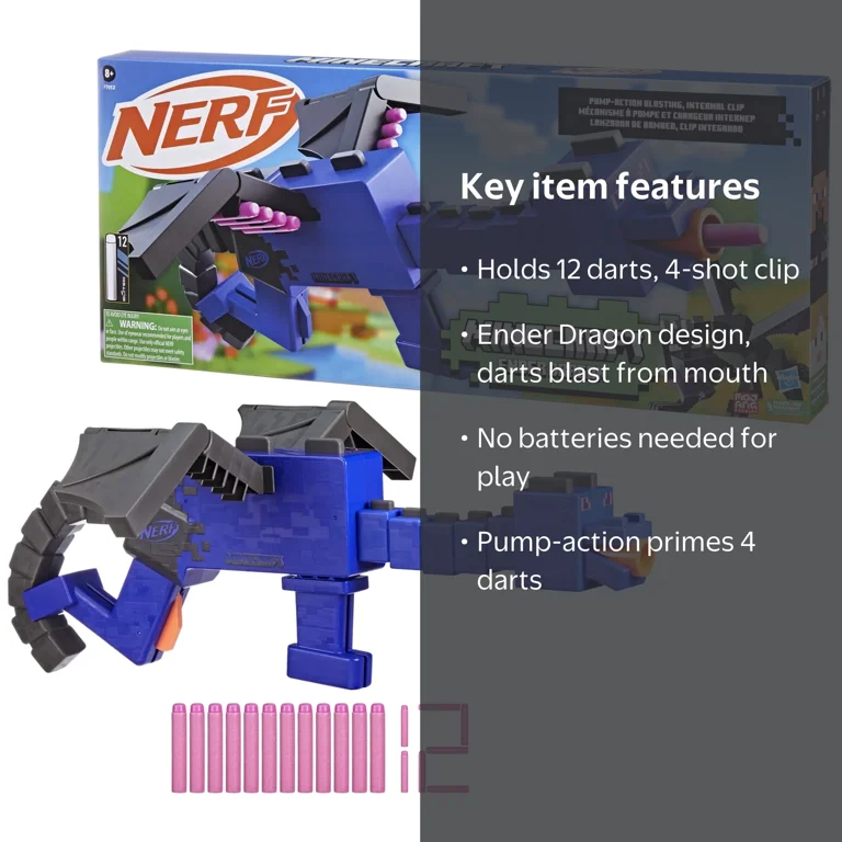 Nerf, Minecraft Ender Dragon Blaster, 4-dart clip, 12 foam darts