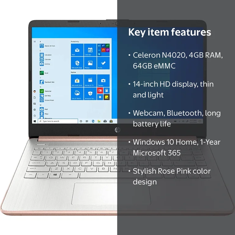 HP 14-dq0004dx Laptop - Intel Celeron N4020, 4GB RAM, 64GB eMMC