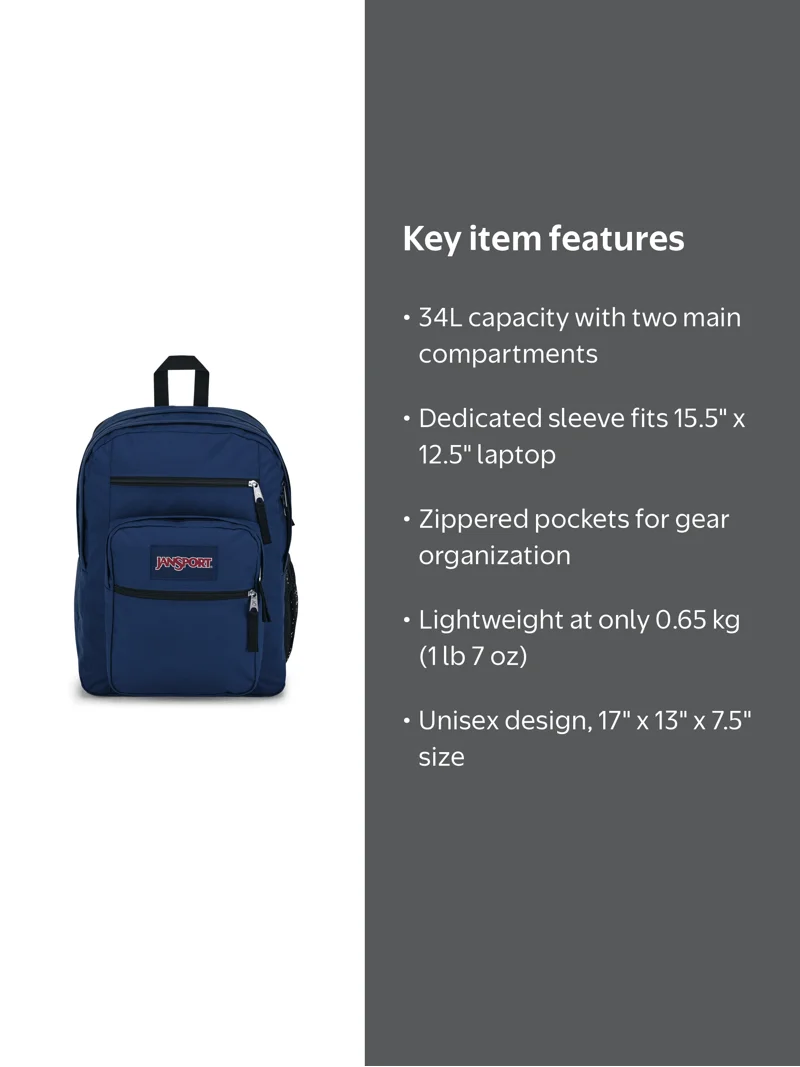 JanSport, Big Student Backpack, Navy, 15-inch laptop sleeve