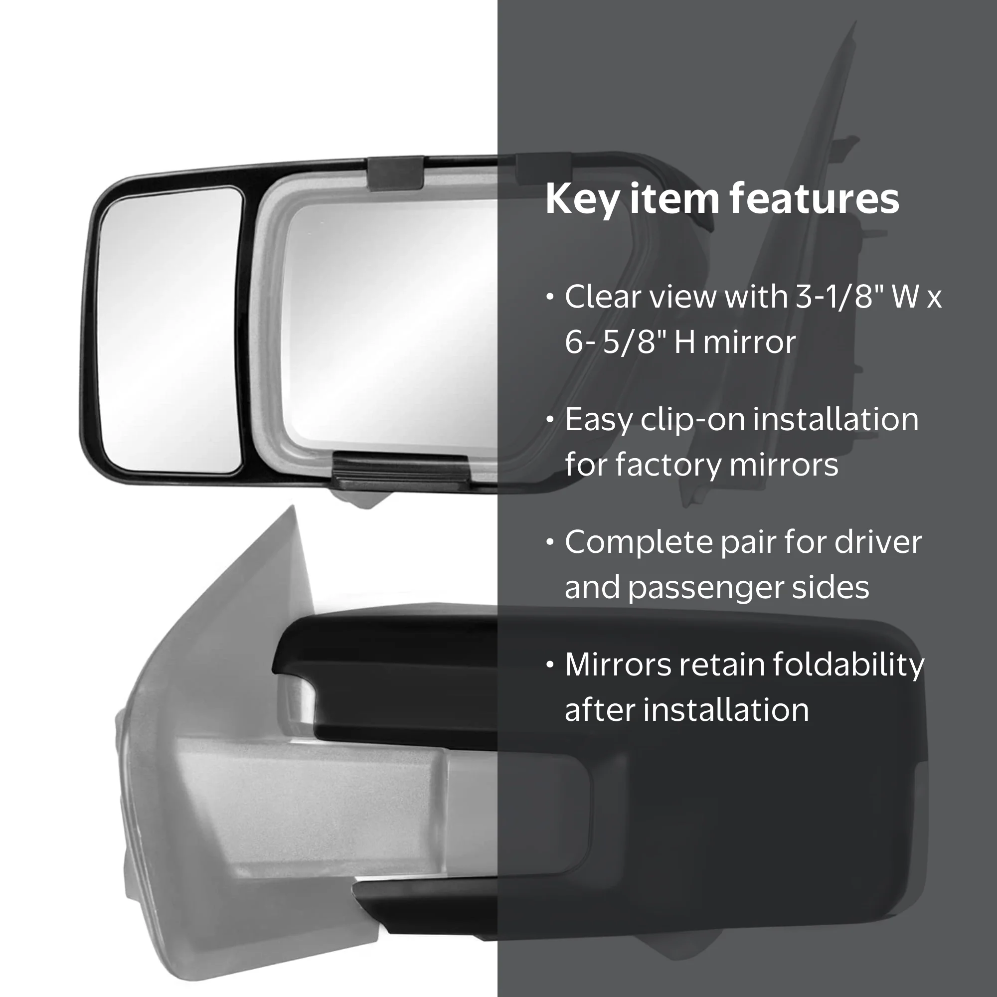 K-SOURCE, Exterior Towing Mirror Pair, Snap & Zap, Manual Black
