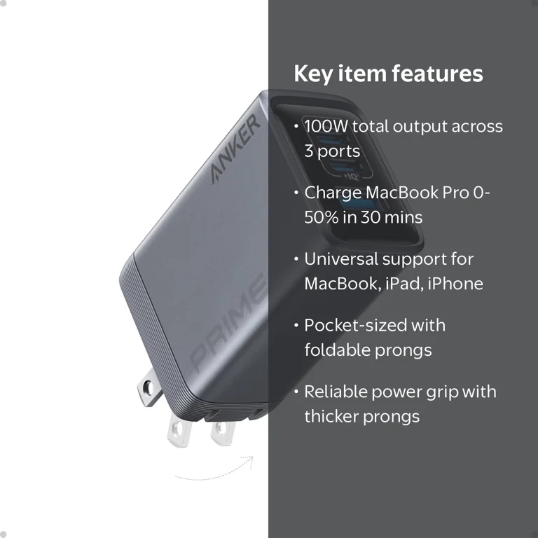 Anker Prime Charger, 100W GaN USB C Charger Block, 3-Port Foldable