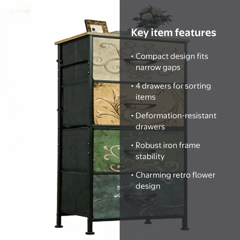 edx Fabric Dresser with 4 Drawers, Retro Flower Design, Chest of