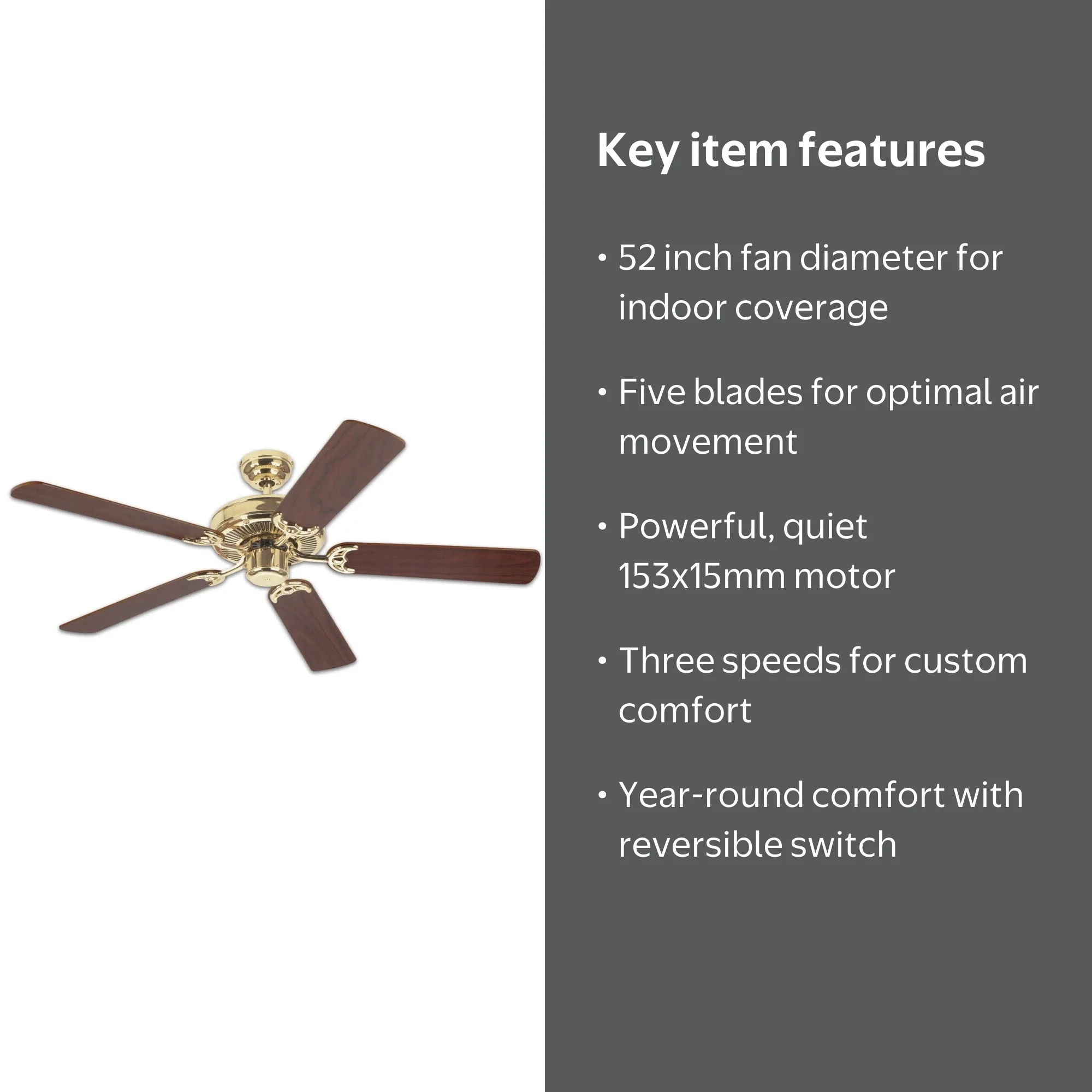 ACE, Ceiling Fan, 52 in, Brass finish with 5 blades - Walmart.com