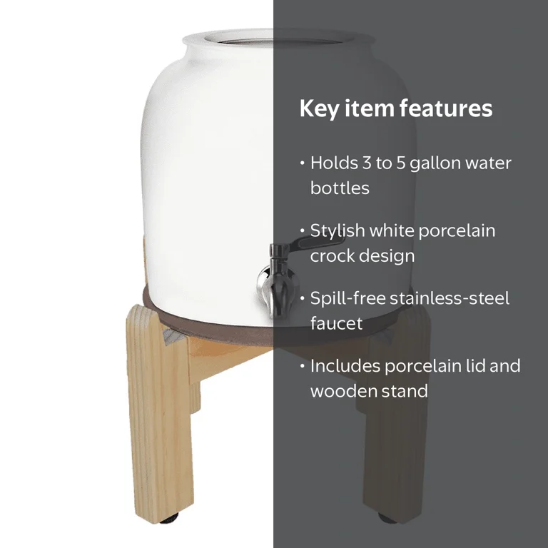 Brio Porcelain White Ceramic Water Dispenser Includes 8 Inch Wood