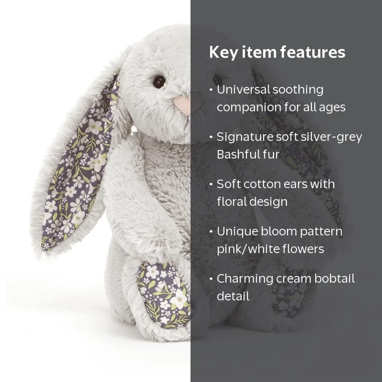 Jellycat Blossom Silver Bunny, Multicolor, Cotton, Nighttime
