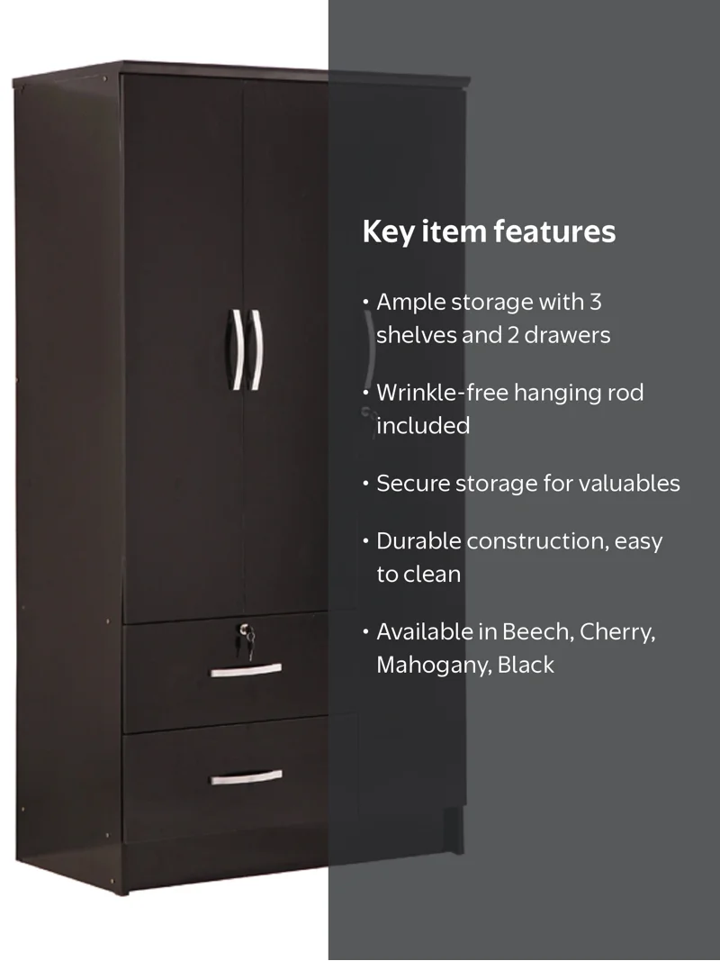 Hodedah, 3-Door Armoire, 36 in. Wide, Black with 2-Drawers