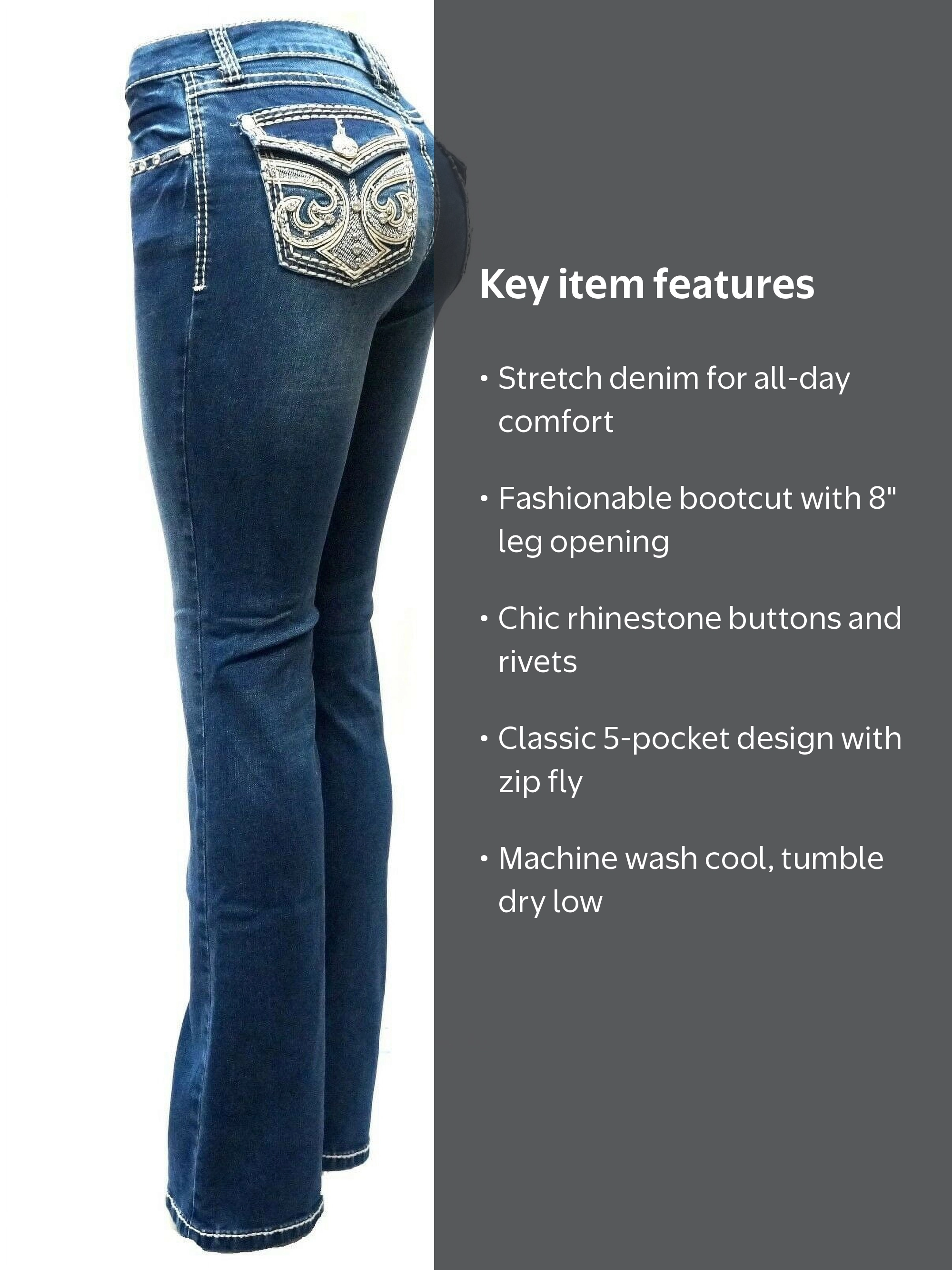 Jack David Rhinestone Studs Dark Wash Denim Flap Pocket Bootcut