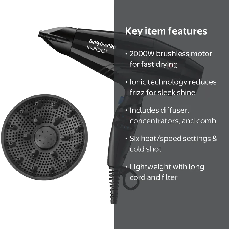 BaBylissPRO Rapido Professional Hair Dryer, 2000W Brushless Motor
