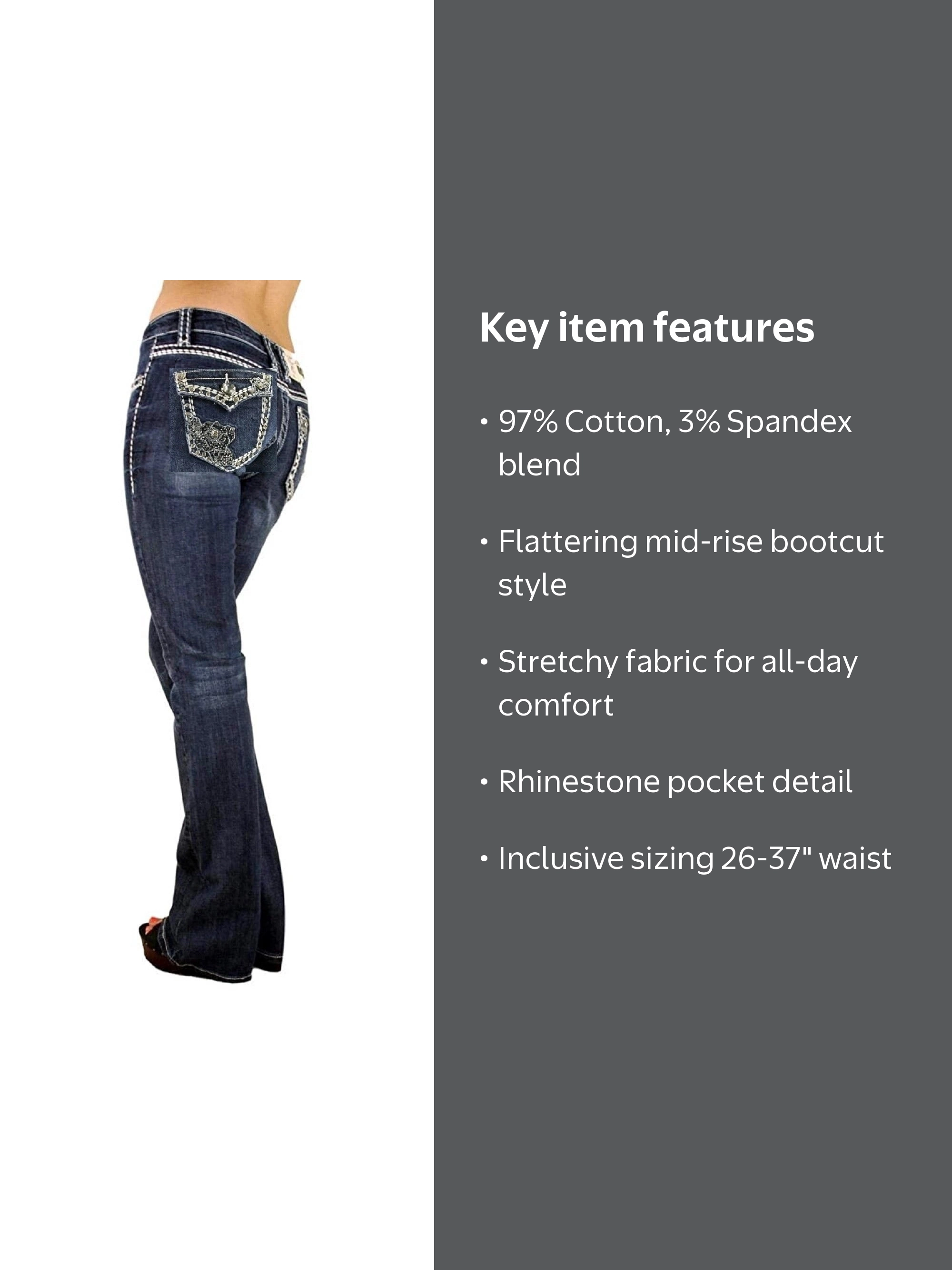 Jack David Women's Rhinestone Mid Rise Bootcut Stretchy Denim