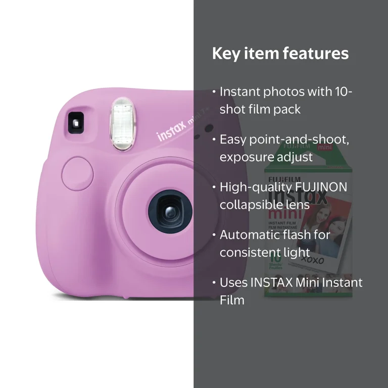 Fujifilm INSTAX Mini 7+ Instant Camera, Lavender - Bonus Bundle