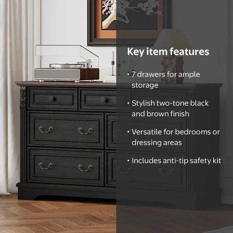 BOSHIRO 7-Drawer Dresser for Bedroom, Farmhouse Carved Wide Storage Chest Organizer with Brown Top, Black Finish