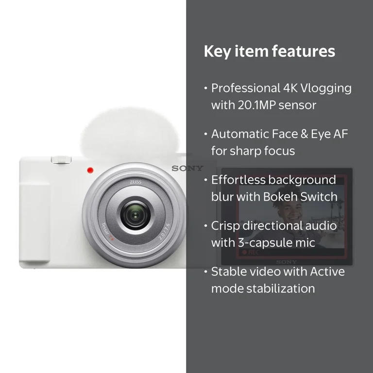 Sony ZV-1F Digital Camera - 20.1 MP, 4K 30 fps for Beginner