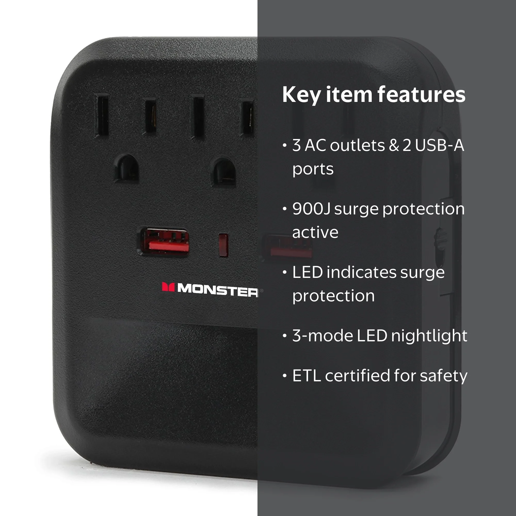 Monster 900J Wall Tap Surge Protector: 3 Grounded Outlets & 2 USB