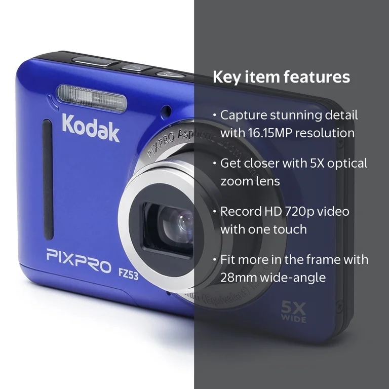 Kodak, Compact Digital Camera, FZ53, 16MP 5X Optical Zoom Blue