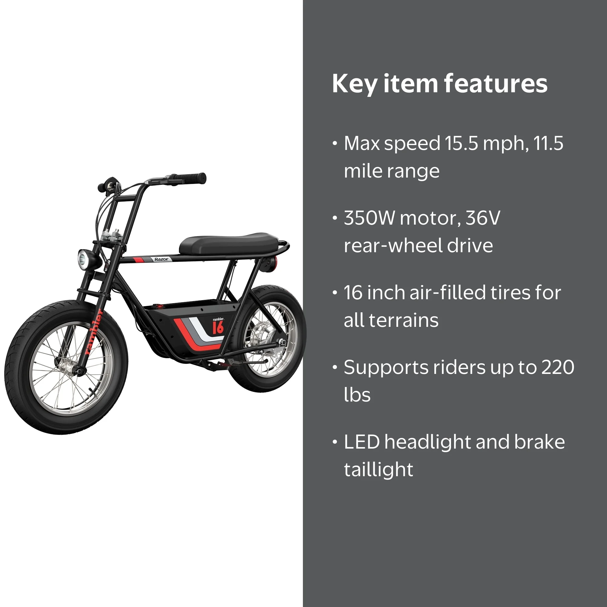 Razor Rambler 16 -Black, 36V Seated Electric Scooter, up to 15.5
