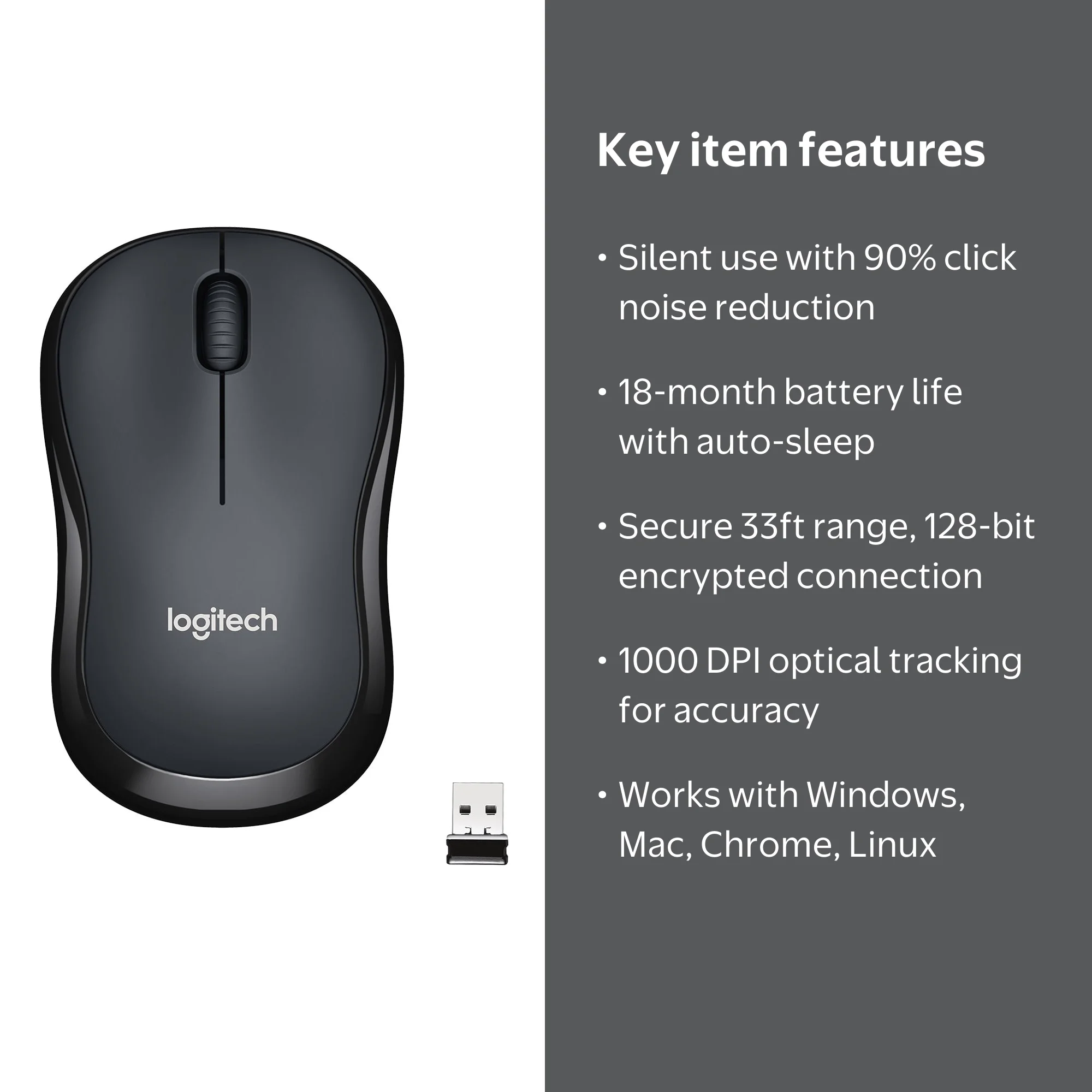 Logitech Black Silent Wireless Mouse, 2.4 GHz USB Receiver, 1000