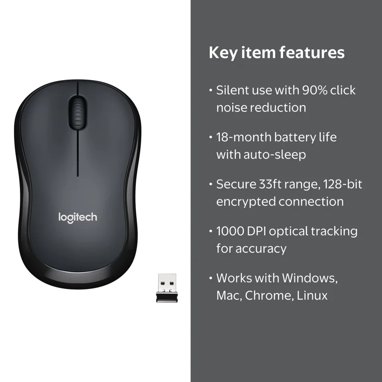 Logitech ワイヤレスマウス ブラック Logitech Black Silent Wireless Mouse, 2.4 GHz USB Receiver, 1000