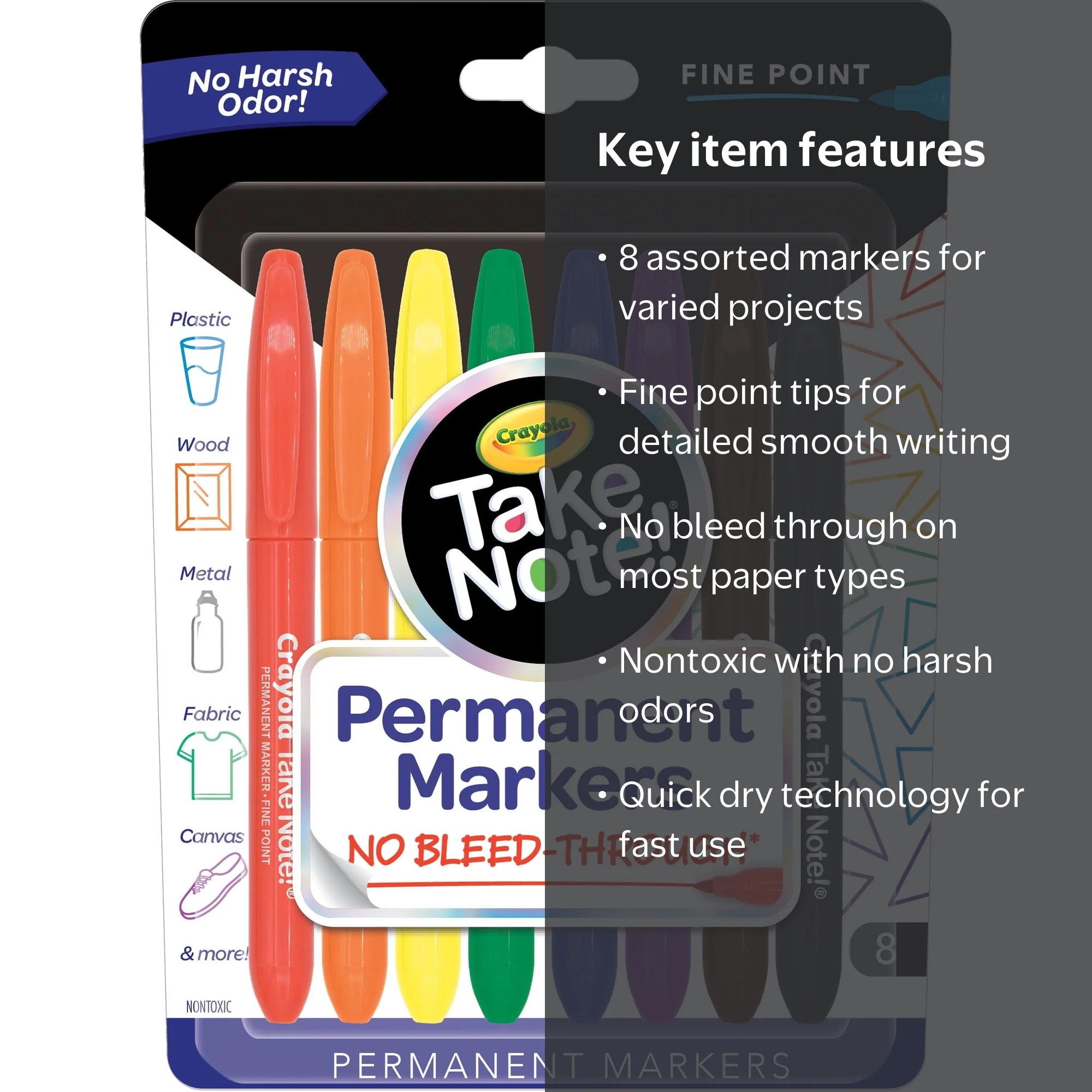 Crayola Take Note Permanent Markers, 8 Count Assorted Colors