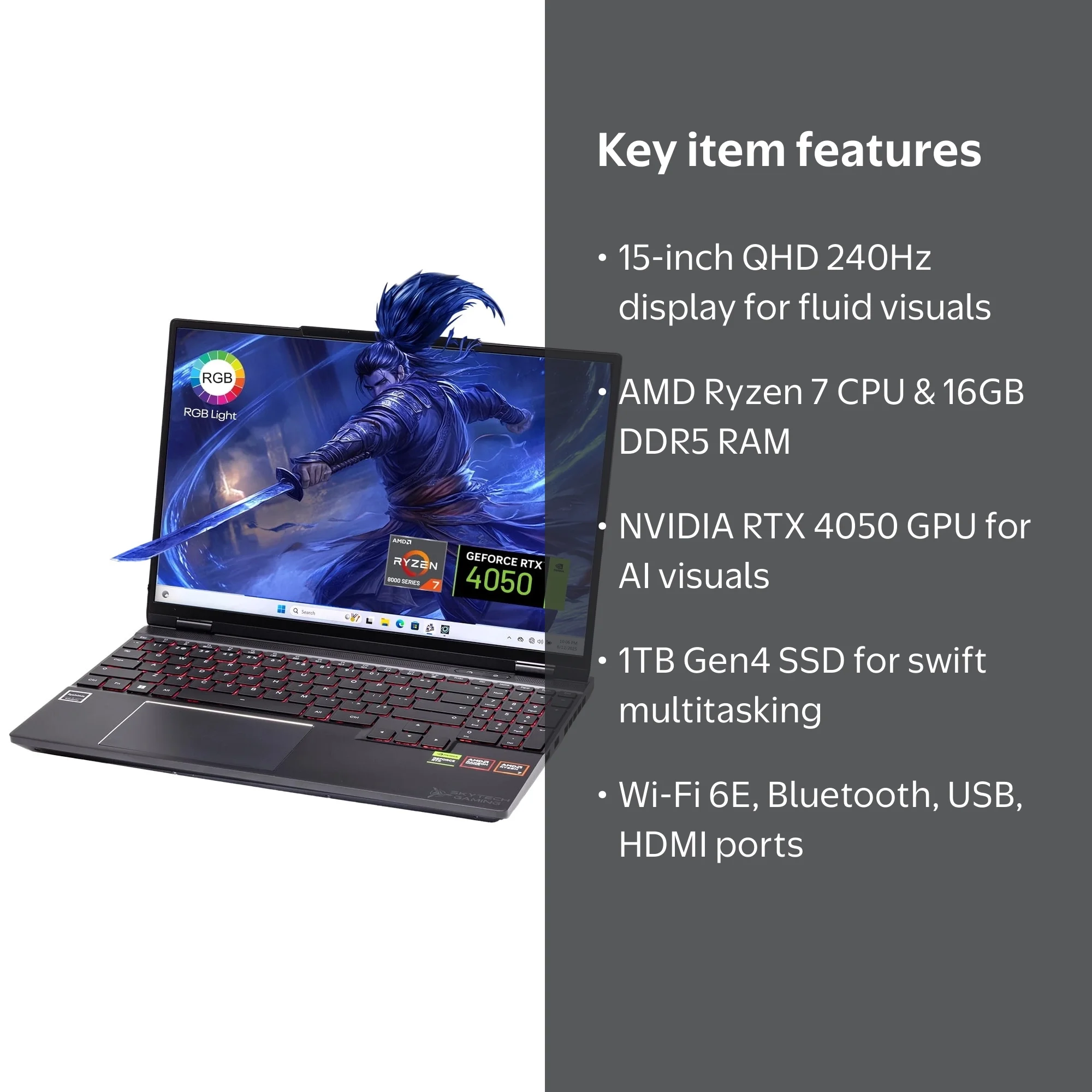 Skytech Gaming Noir Gaming PC, AMD Ryzen 7 8745 4.9GHz, NVIDIA RTX