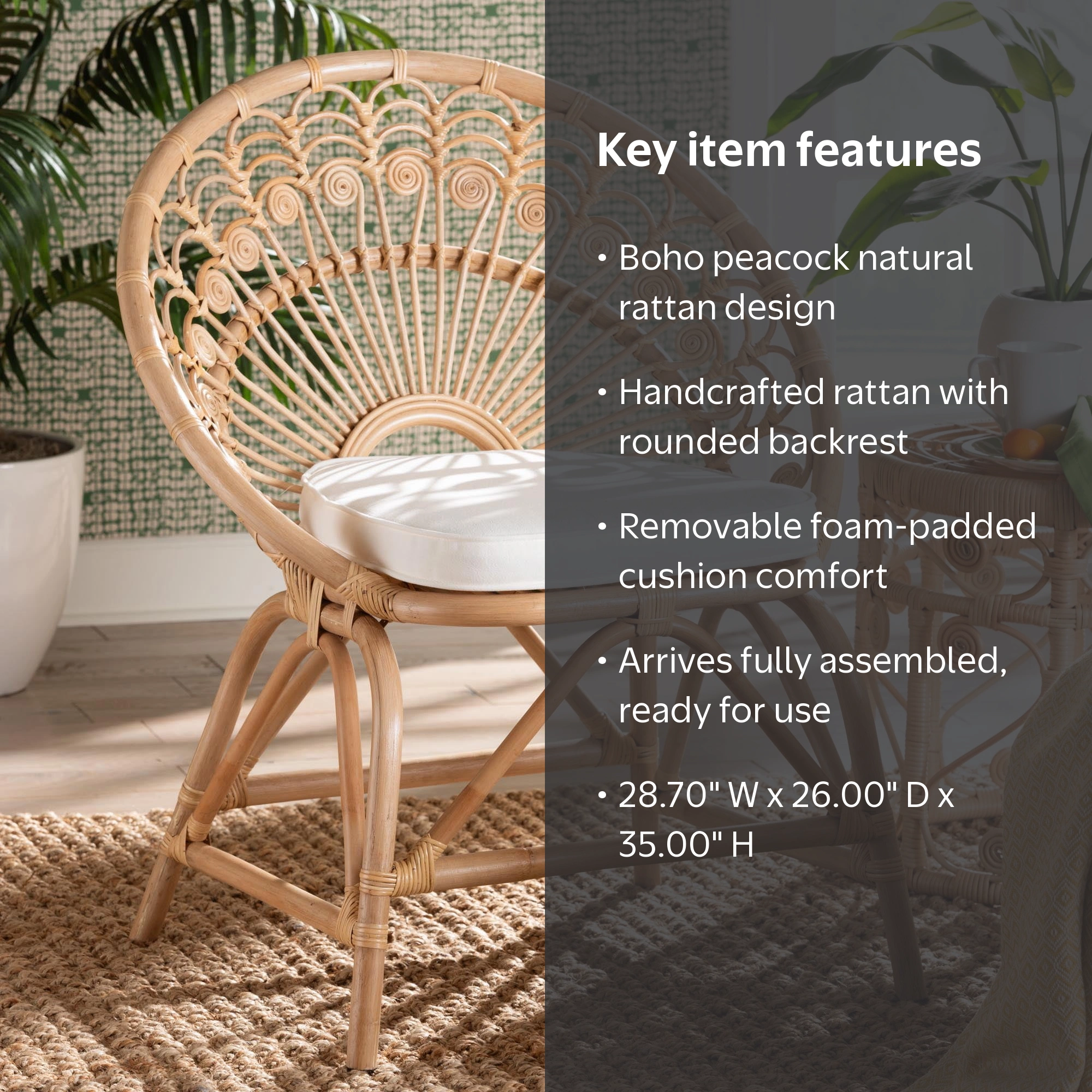 bali & pari Abriella Rattan BOHO Peacock Chair, Natural Brown