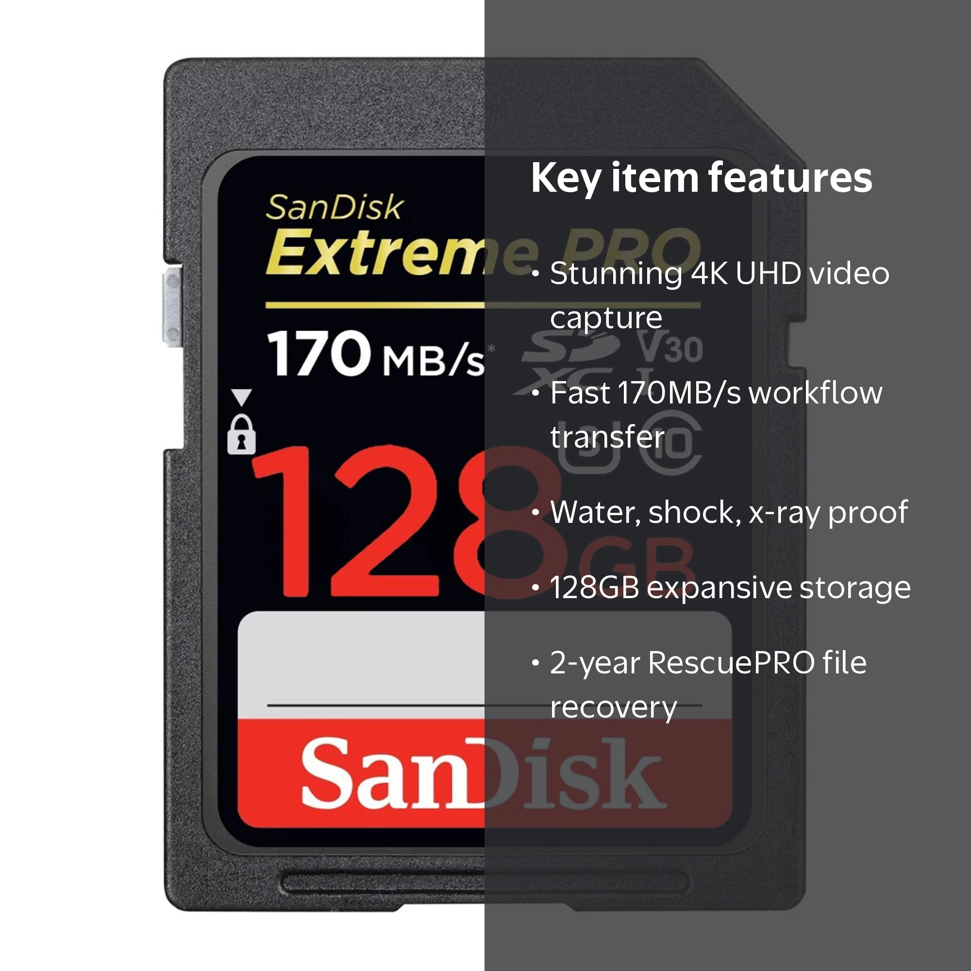 SanDisk, Memory Card, 128GB SDXC UHS-I, 170MB/s Fast U3 V30