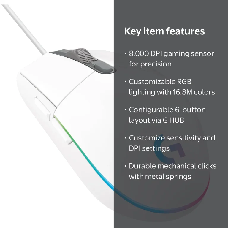 Logitech, Gaming Mouse, 8,000 DPI, LIGHTSYNC RGB, White - Walmart.com