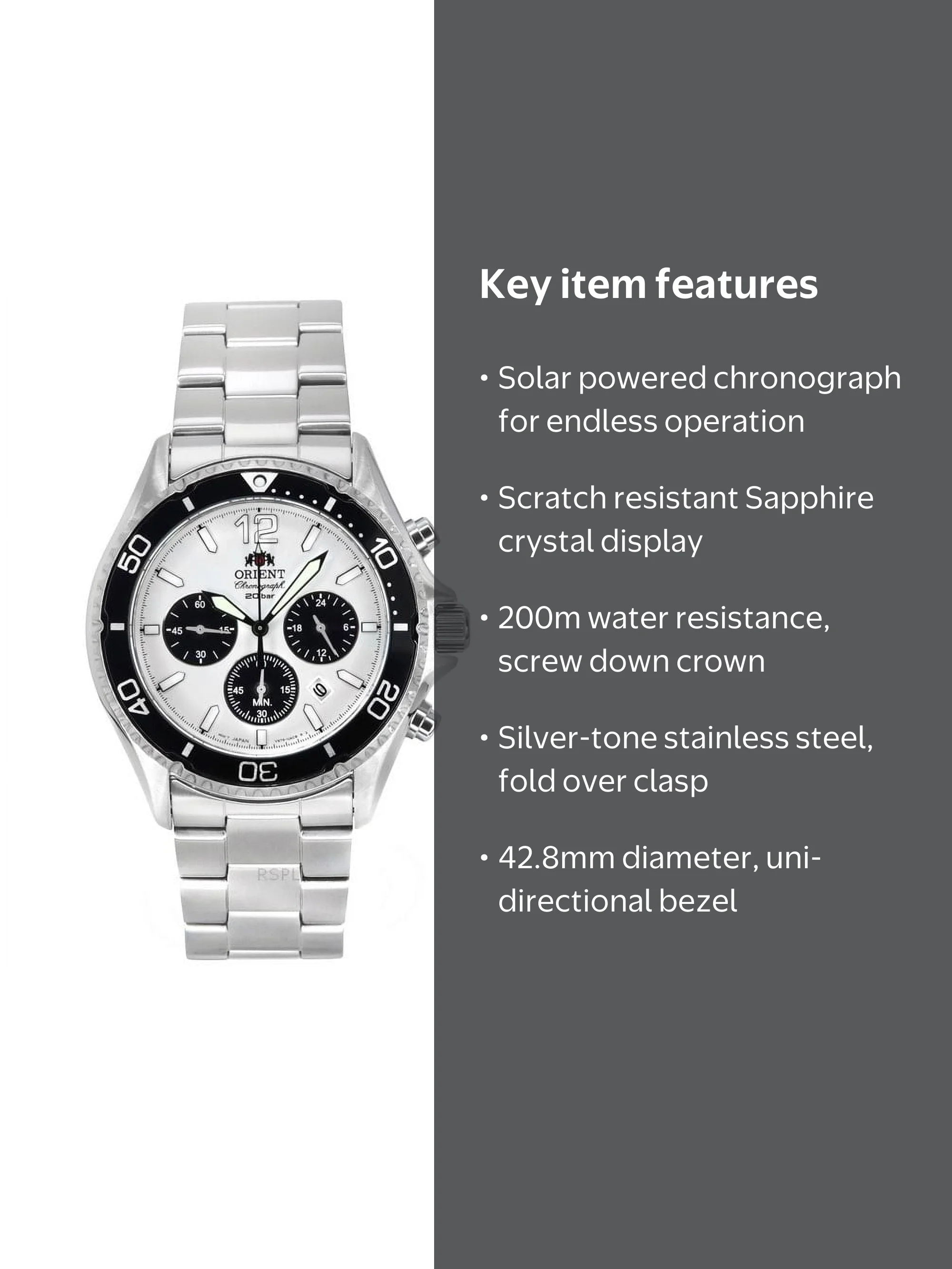 Orient Sports Solar Powered Chronograph White Dial Men's Watch RA