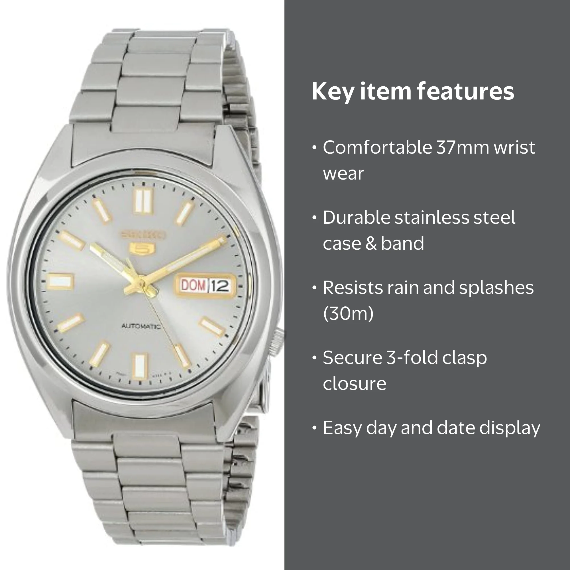Seiko Men's SNXS75 Automatic Watch, Grey Dial, Stainless-Steel