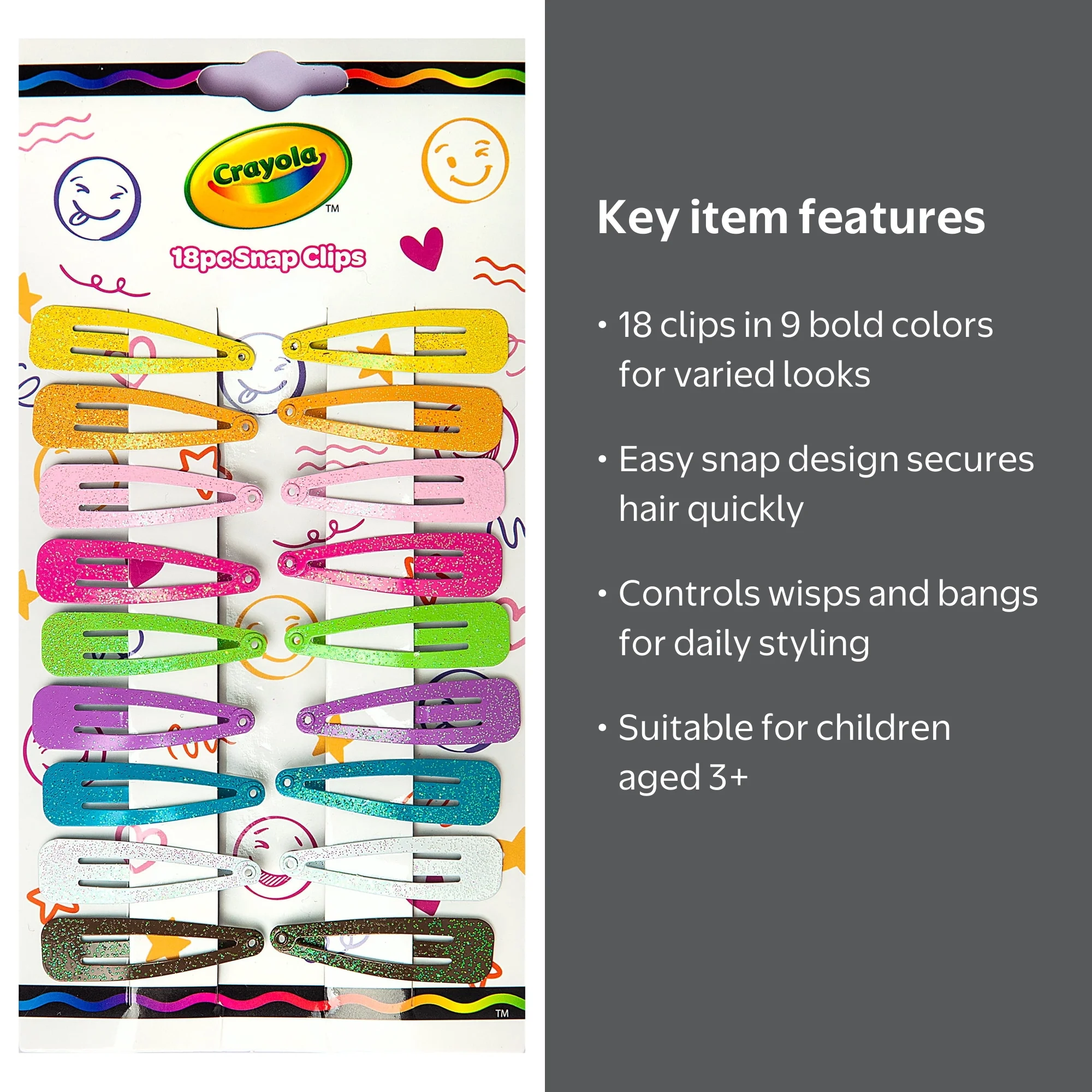 ec melodi keyclip カラビナ ENCHANTE-CRAYOLA Kids Glitter Snap Hair Clips, Assorted Colors, 18
