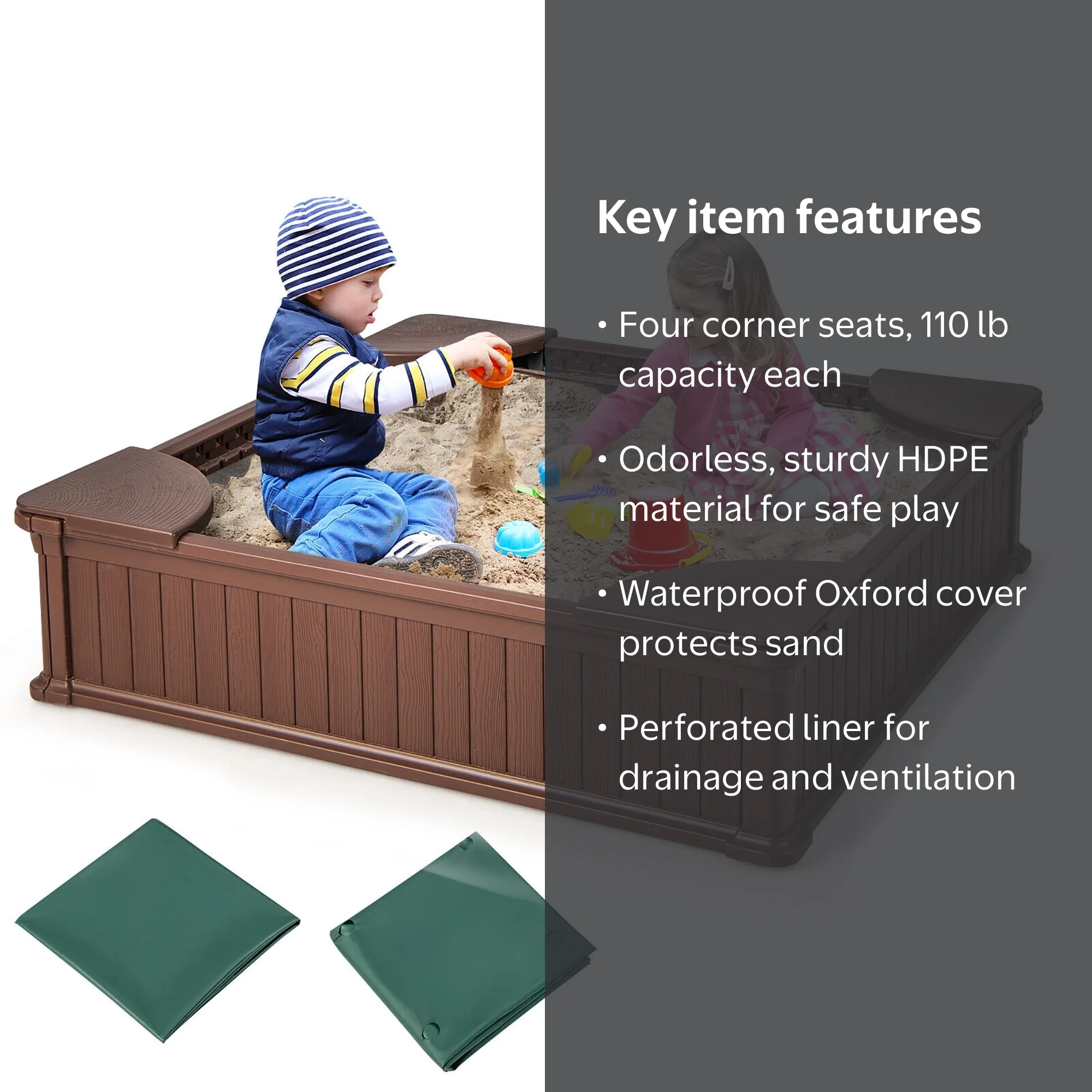 Gymax, Kids Outdoor Sandbox, 48.5'' x 48.5'' x 12.5'', Brown