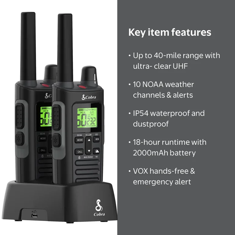 Cobra RX685 Walkie Talkies Pair, 40-Mile Range 2-Way Radios, IP54