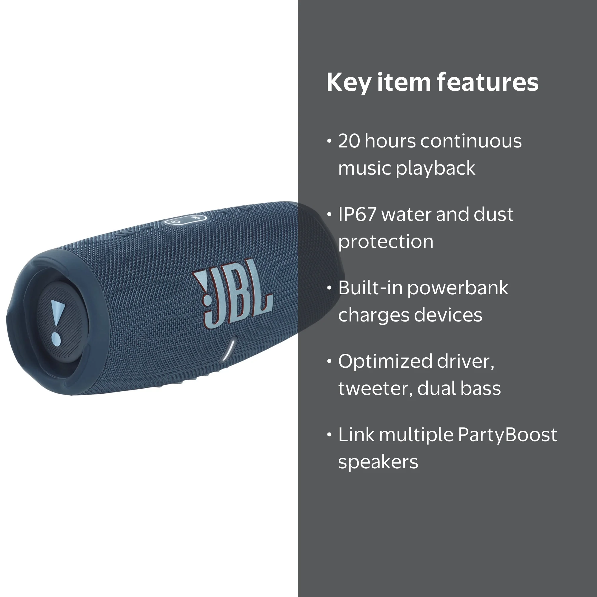 JBL, Portable Waterproof Bluetooth Speaker, Charge 5, Blue