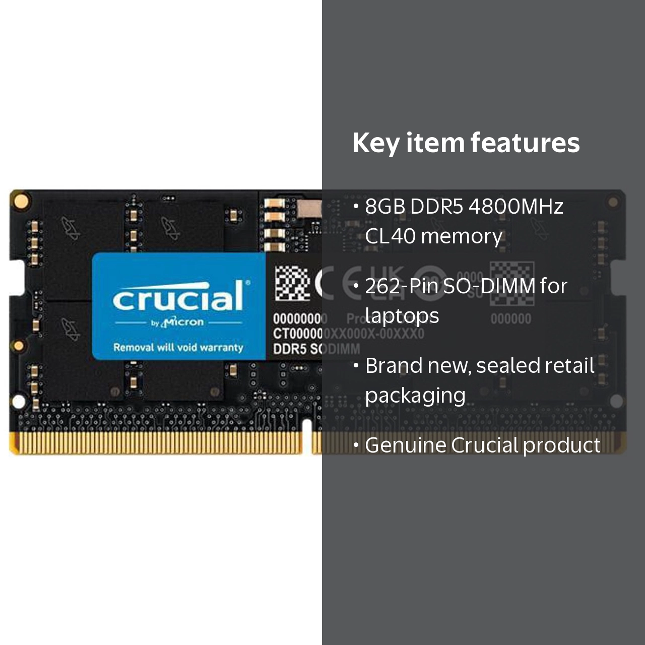 Crucial 8GB 262-Pin DDR5 SO-DIMM DDR5 4800 (PC4 38400) Laptop