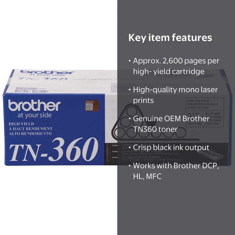Brother TN360 High Yield Black Toner, 2,600 Page Yield, Compatible