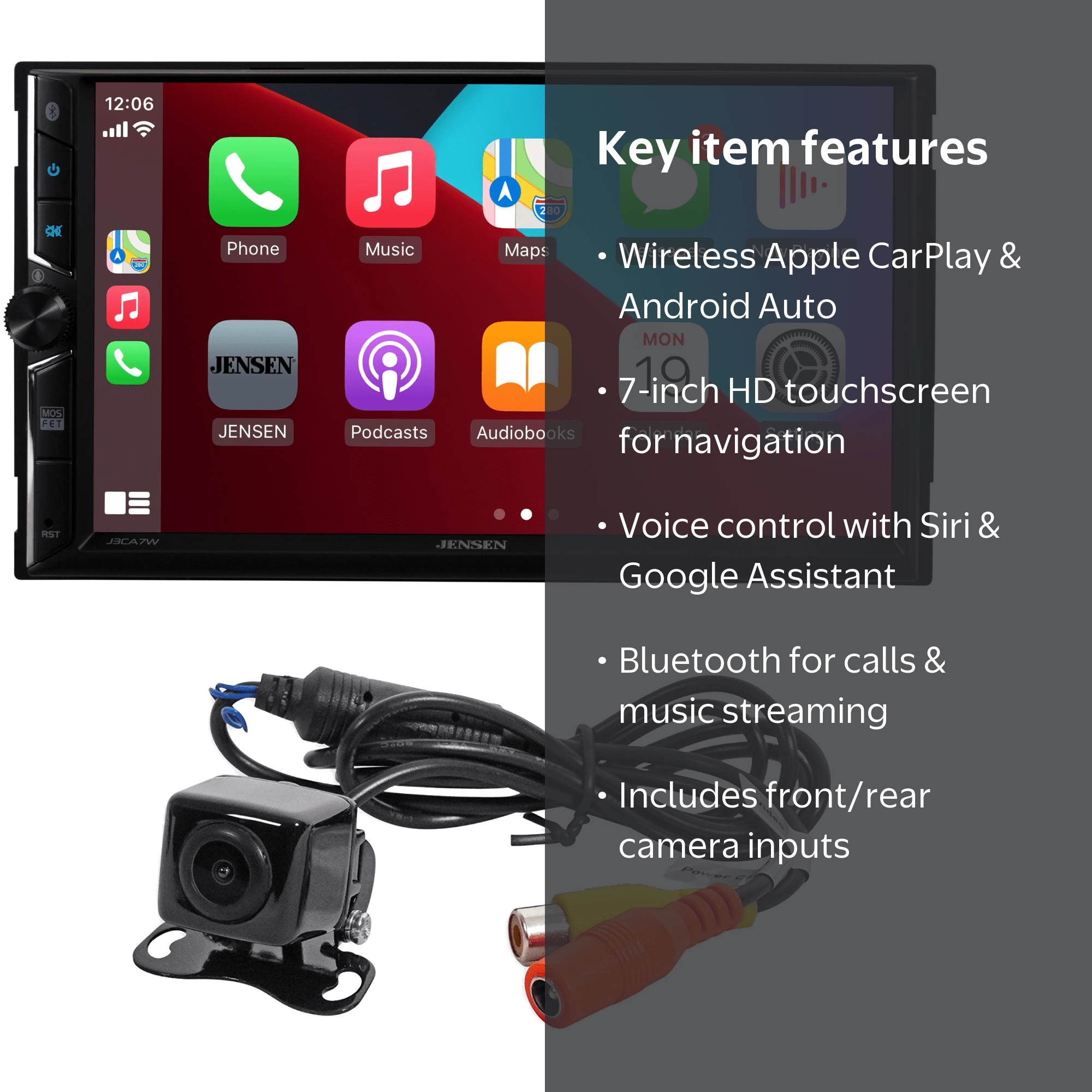 Jensen 7-inch Head Unit Car Stereo, Double DIN Touchscreen, Apple