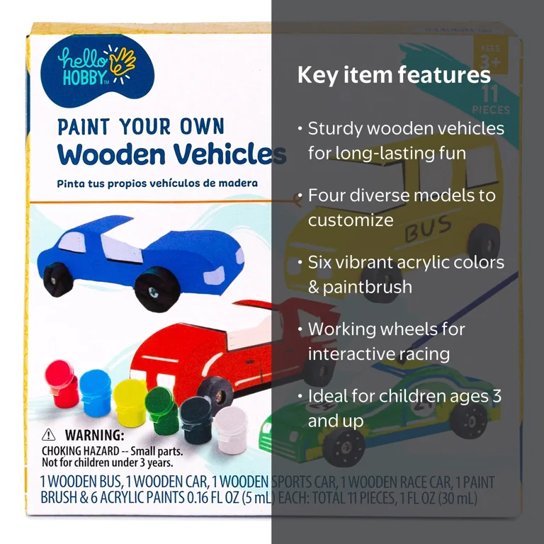 Hello Hobby Paint Your Own Wooden Vehicles Kit with 4 Vehicles, 6