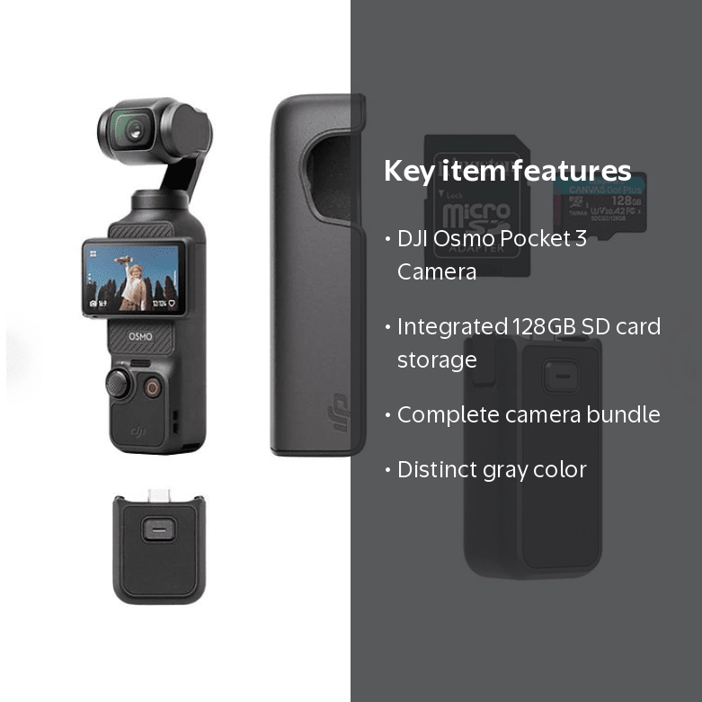 DJI 990362766 Osmo Pocket 3 Camera Bundle with 128GB SD Card, Gray