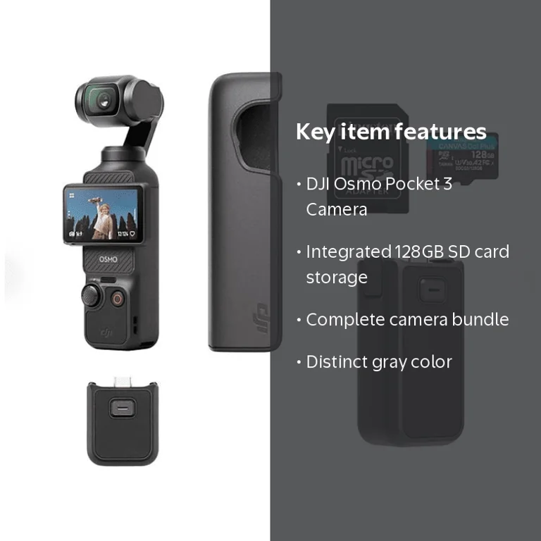 DJI 990362766 Osmo Pocket 3 Camera Bundle with 128GB SD Card, Gray