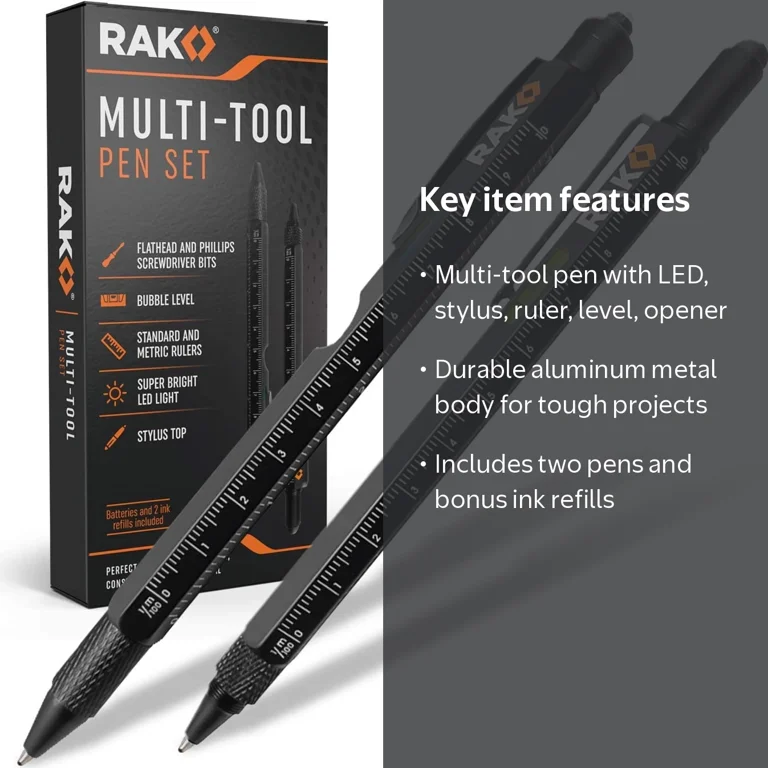 RAK 8-in-1 Multi-Tool Pen Set: LED, Stylus, Rulers, Level, Bottle