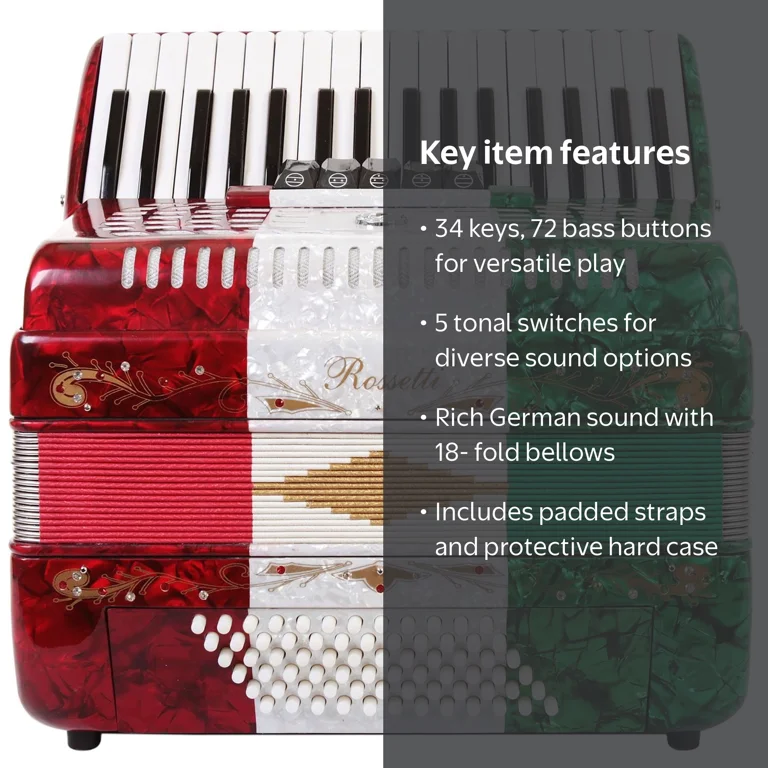 Rossetti Piano Accordion 72 Bass 34 Keys 5 Switches Mexican Flag