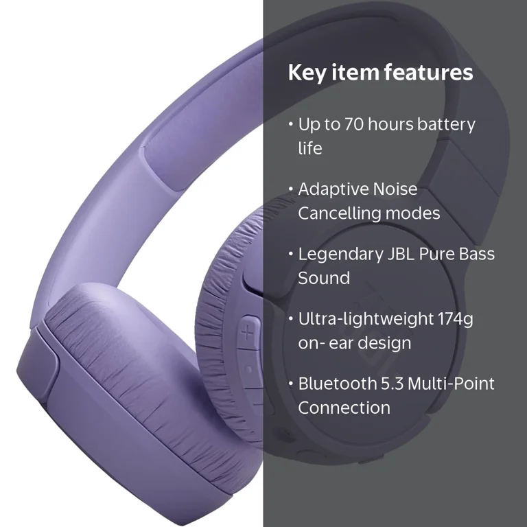 JBL, Headphones, Purple, Wireless, Noise Cancelling, 70H Battery