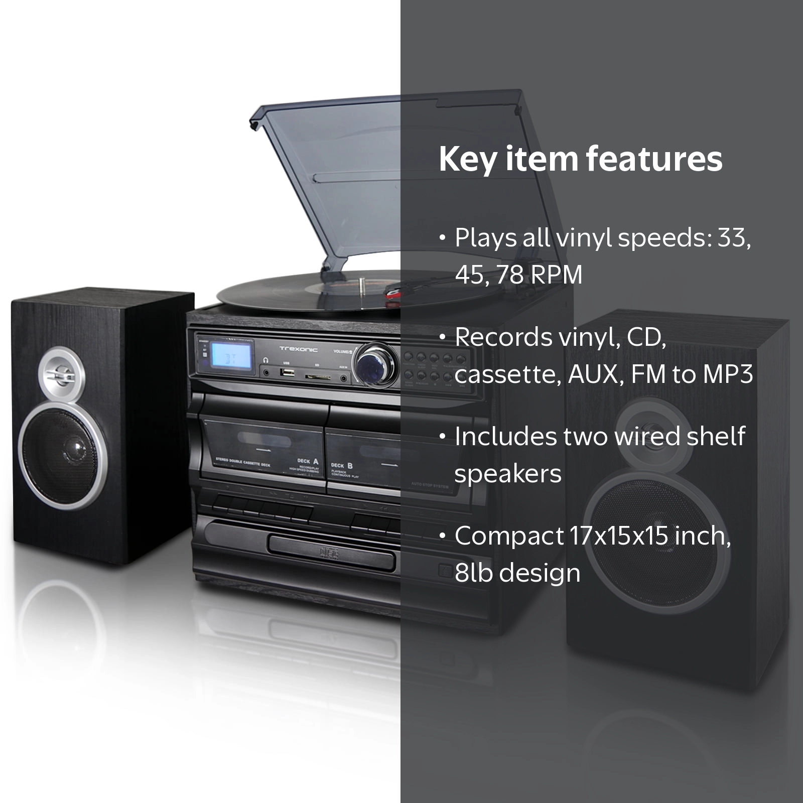 Trexonic 3-Speed Turntable, CD, Dual Cassette, BT, FM Radio, USB