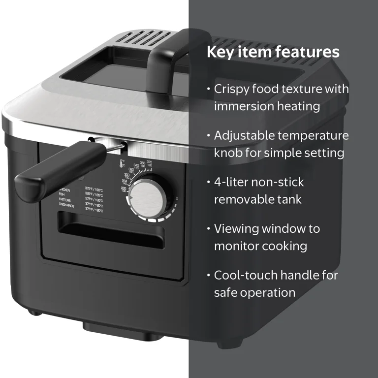 Mainstays 4-Liter Matte Black Electric Deep Fryer, Adjustable