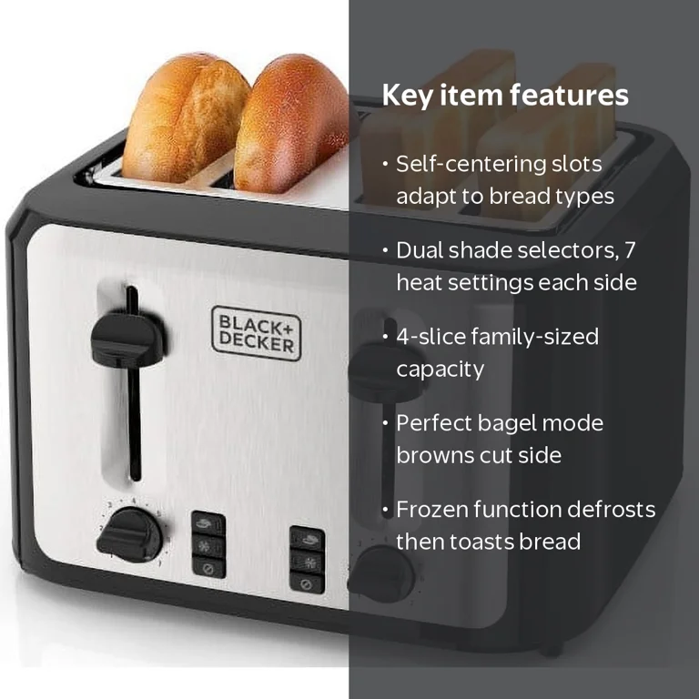 BLACK+DECKER 4-Slice Toaster, Black Silver, Extra-Wide Slots