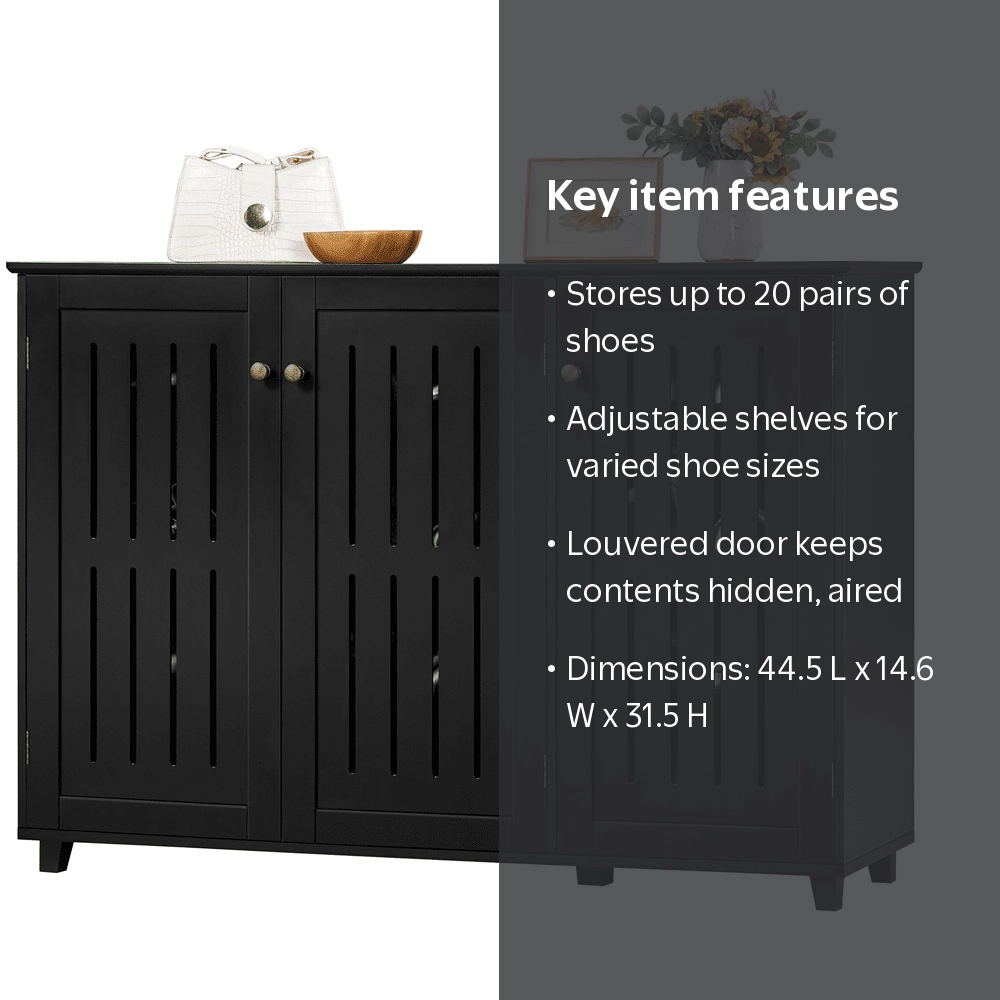 Alden Design 4 Tier Wooden Shoe Storage with Louvered Door, Black