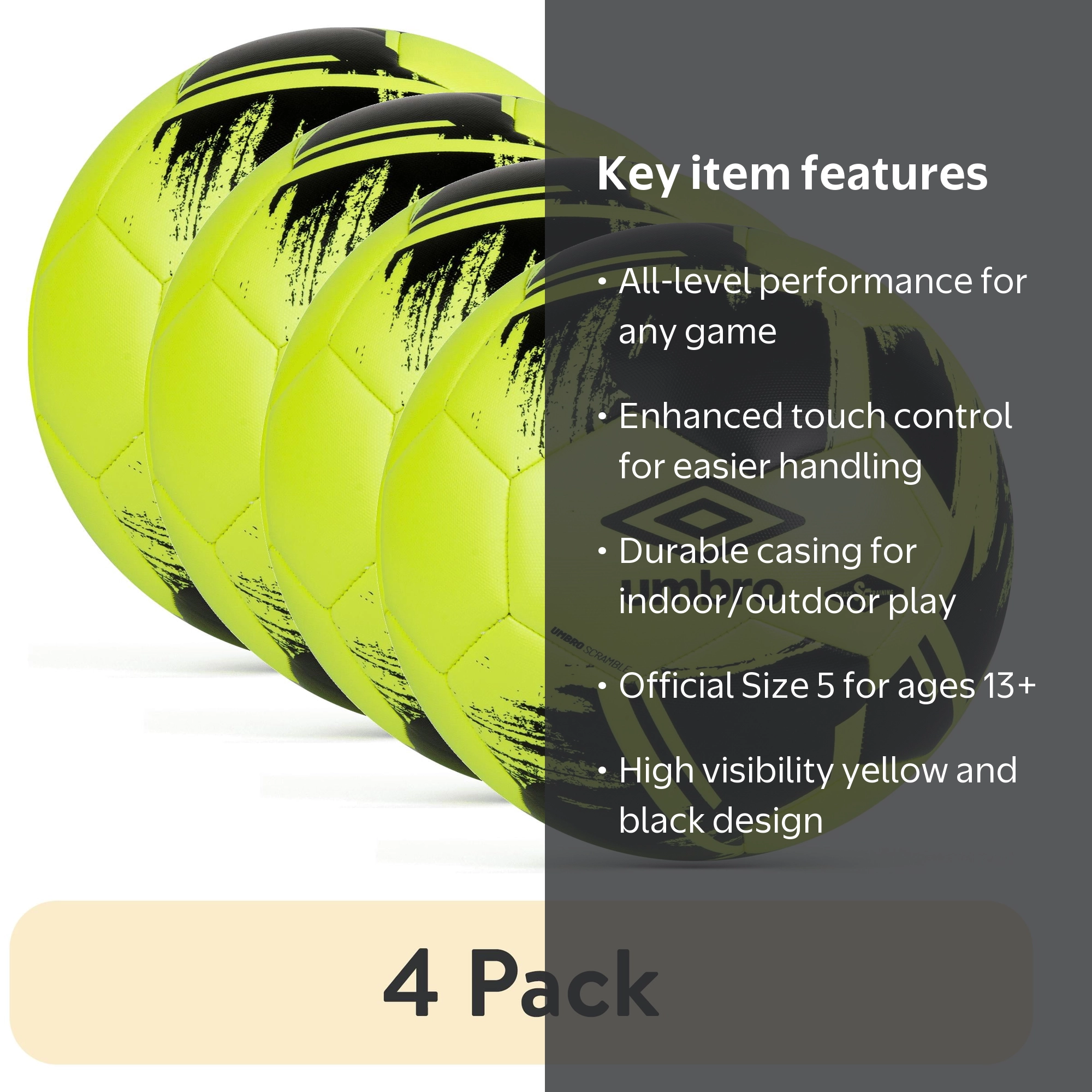 4 pack) Umbro Scramble Size 5 Training Soccer Ball, Yellow and