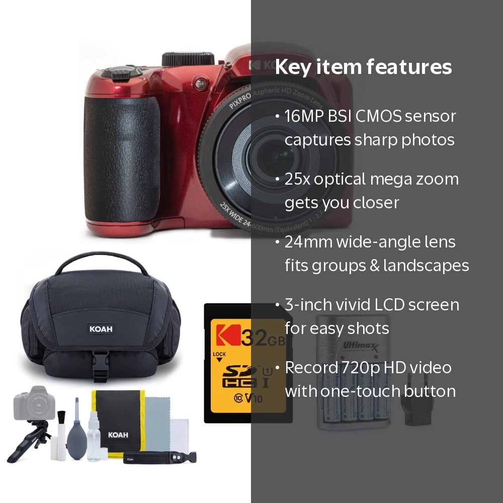Kodak, Digital Camera, AZ255, Red with 16MP, 25x Zoom, 3-inch LCD