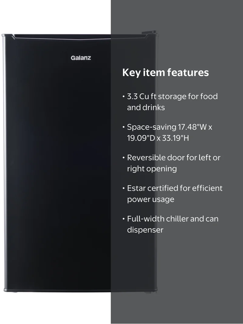 Galanz 3.3 Cu ft Single Door Mini Fridge, Black Estar - Small