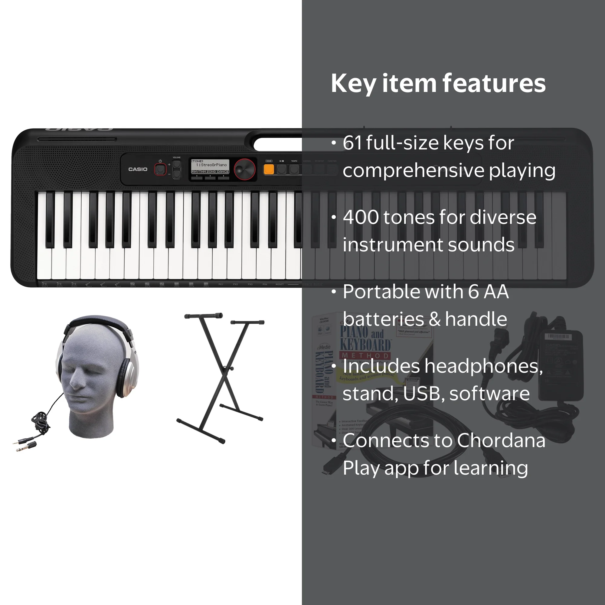 Casio CT-S200BK 61-Key Keyboard with MIDI, Headphones, Stand